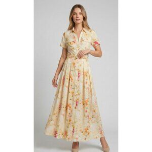 Watercolor Floral Button Front Maxi Dress With Belt in Yellow